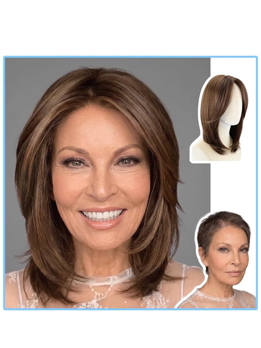 Chestnut Brown Highlight Blonde Medium-Length Wig – Straight Layered Synthetic H